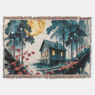 Moonlit Cabin Japanese Forest Art (1) Throw Blanket
