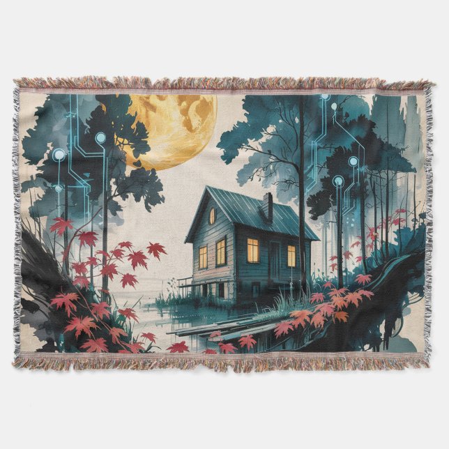 Moonlit Cabin Japanese Forest Art (1) Throw Blanket (Front)