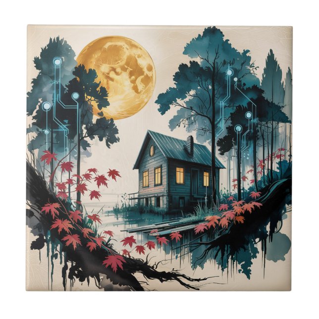 Moonlit Cabin Japanese Forest Art (1) Tile (Front)