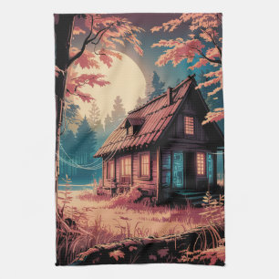 Moonlit Cabin Japanese Forest Art (2) Tea Towel