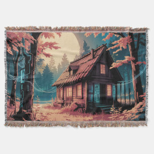 Moonlit Cabin Japanese Forest Art (2) Throw Blanket