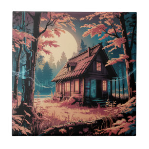 Moonlit Cabin Japanese Forest Art (2) Tile