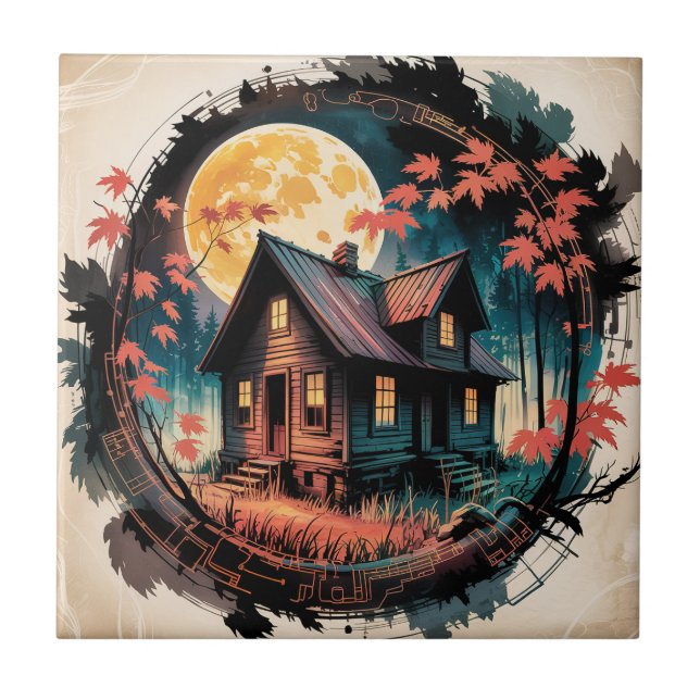 Moonlit Cabin Japanese Forest Art (3) Tile (Front)