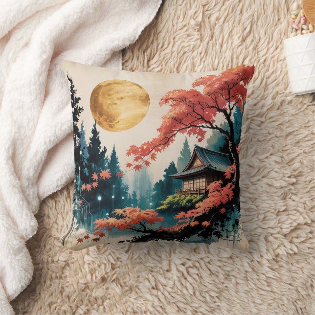 Moonlit Cabin Japanese Forest Art (4) Cushion (Blanket)