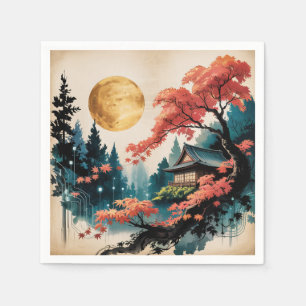 Moonlit Cabin Japanese Forest Art (4) Napkin