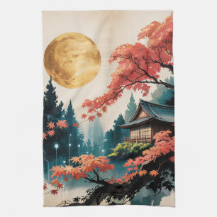 Moonlit Cabin Japanese Forest Art (4) Tea Towel