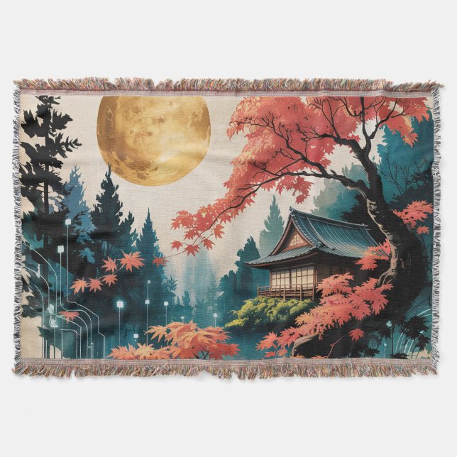 Moonlit Cabin Japanese Forest Art (4) Throw Blanket (Front)