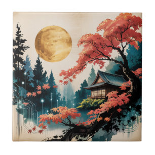 Moonlit Cabin Japanese Forest Art (4) Tile