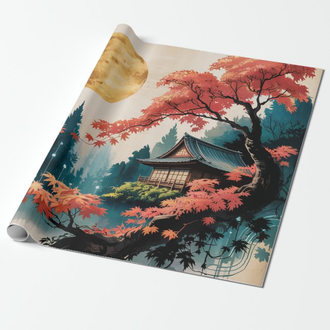 Moonlit Cabin Japanese Forest Art (4) Wrapping Paper (Unrolled)