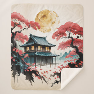 Moonlit Cabin Japanese Forest Art (5) Sherpa Blanket