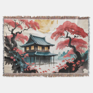 Moonlit Cabin Japanese Forest Art (5) Throw Blanket