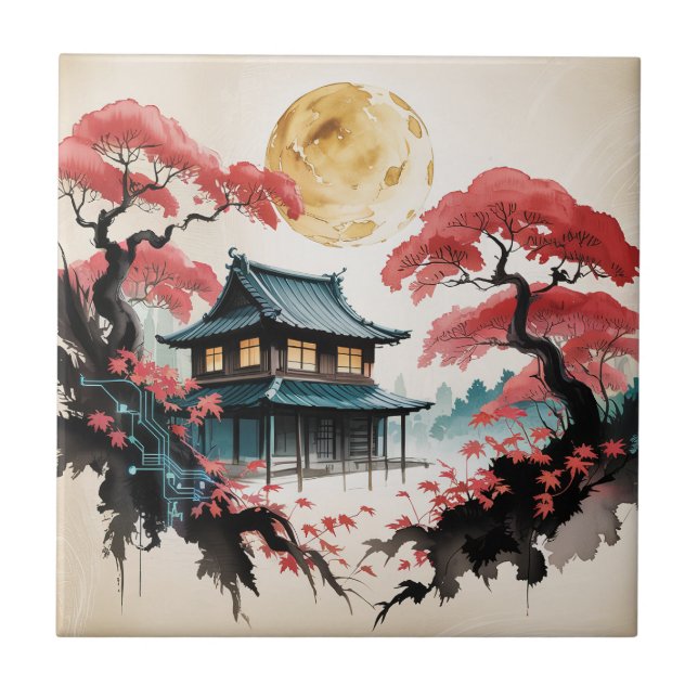 Moonlit Cabin Japanese Forest Art (5) Tile (Front)