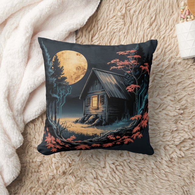 Moonlit Cabin Japanese Forest Art (6) Cushion (Blanket)