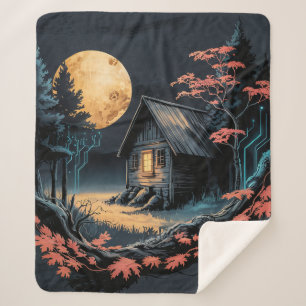 Moonlit Cabin Japanese Forest Art (6) Sherpa Blanket