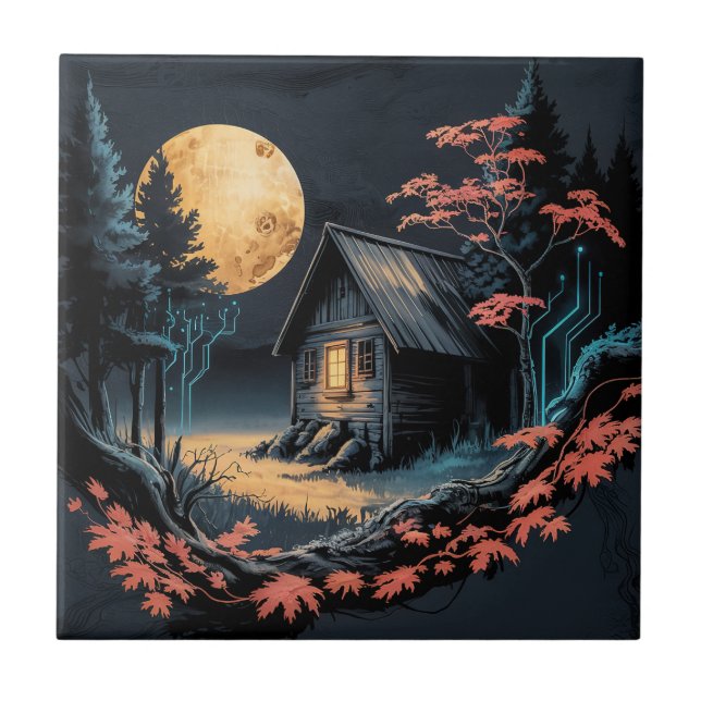 Moonlit Cabin Japanese Forest Art (6) Tile (Front)