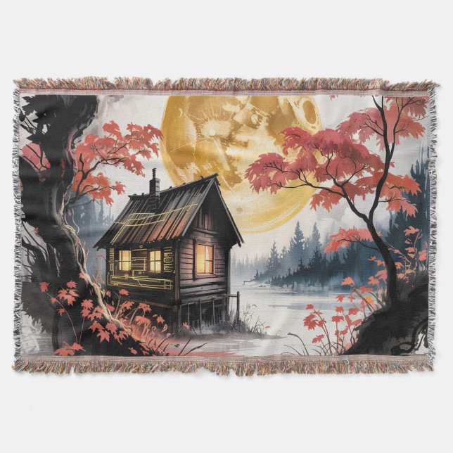Moonlit Cabin Japanese Forest Art (7) Throw Blanket (Front)