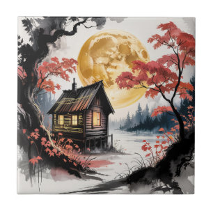 Moonlit Cabin Japanese Forest Art (7) Tile