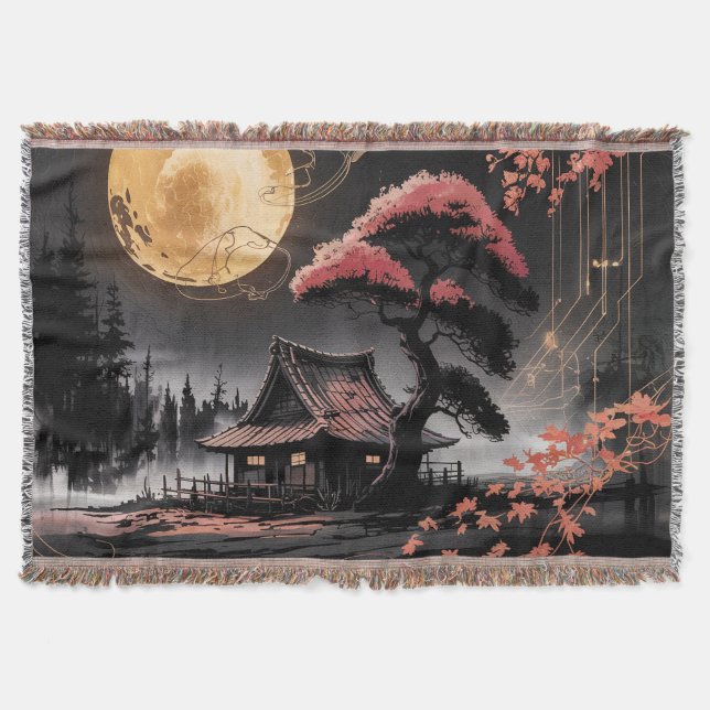 Moonlit Cabin Japanese Forest Art (8) Throw Blanket (Front)