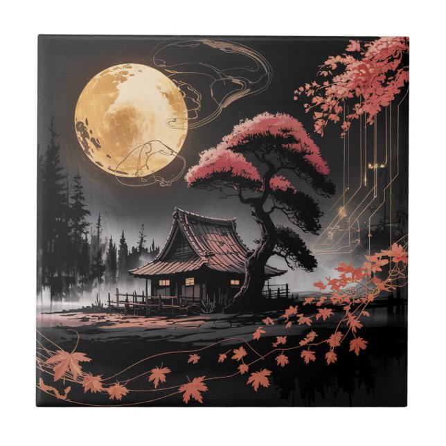 Moonlit Cabin Japanese Forest Art (8) Tile (Front)