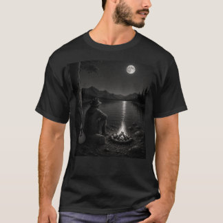 Moonlit Campfire Wanderer Black and White T-Shirt