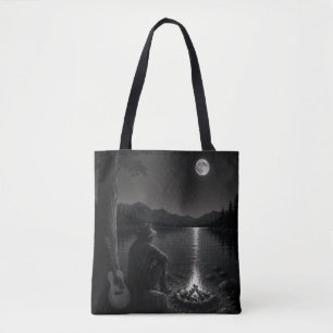 Moonlit Campfire Wanderer Black and White Tote Bag