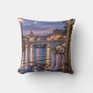 Moonlit Canal Lavender Rain Boots Floral Evening Cushion