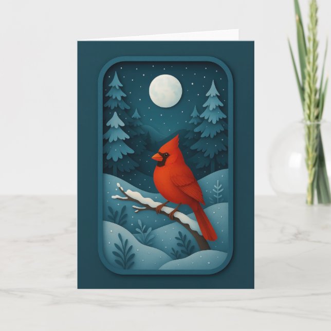 Moonlit Cardinal in Winter Forest Card (Front)