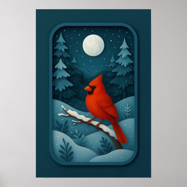 Moonlit Cardinal in Winter Forest Poster (Front)