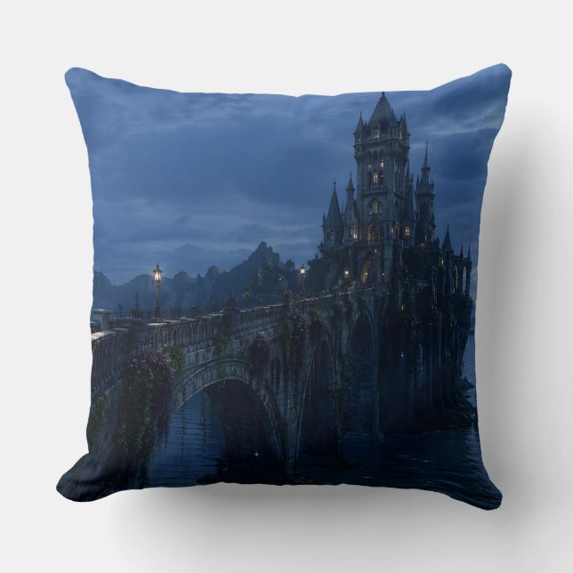 Moonlit Castle Bridge Throw Pillow (Front)