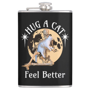 Moonlit Cat Hug Skeleton Comfort Humour Hip Flask