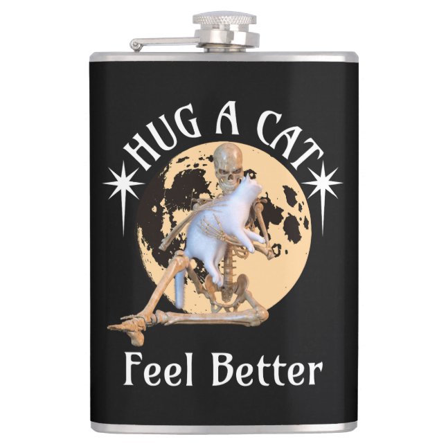 Moonlit Cat Hug Skeleton Comfort Humour Hip Flask (Front)