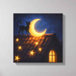 Moonlit Cat on Starry Rooftop Canvas Print