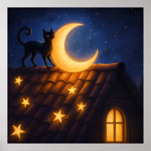 Moonlit Cat on Starry Rooftop Poster