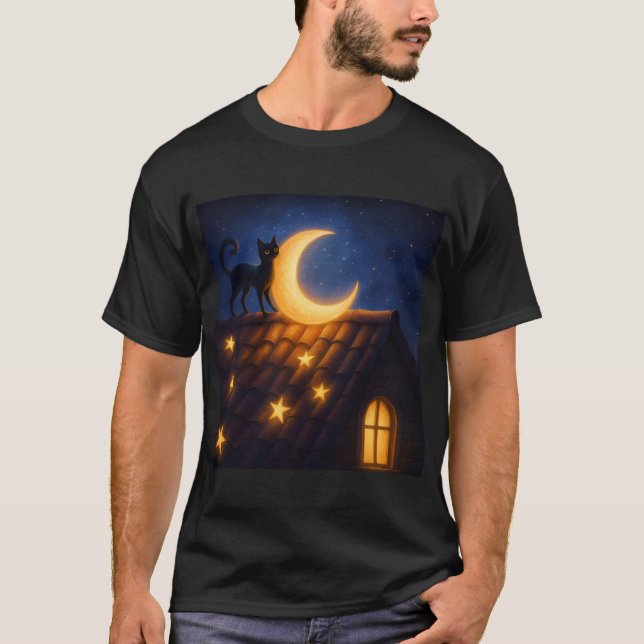 Moonlit Cat on Starry Rooftop T-Shirt (Front)