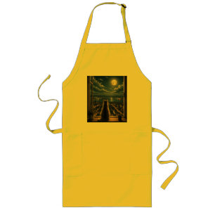 Moonlit Cat Watching the City Night Window Art Long Apron