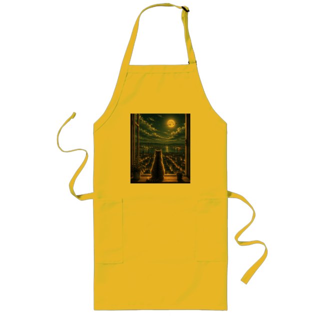 Moonlit Cat Watching the City Night Window Art Long Apron (Front)