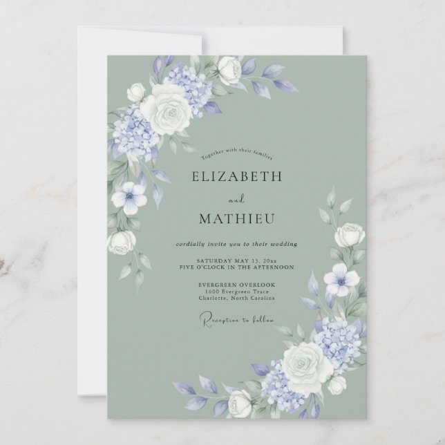 Moonlit Celadon Periwinkle Peony Wedding Invitation (Front)