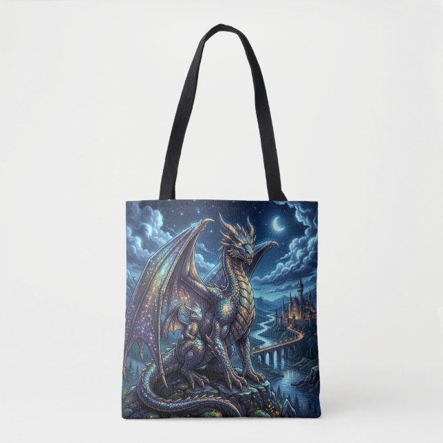 Moonlit Celestial Dragons and Castle Tote Bag (Front)