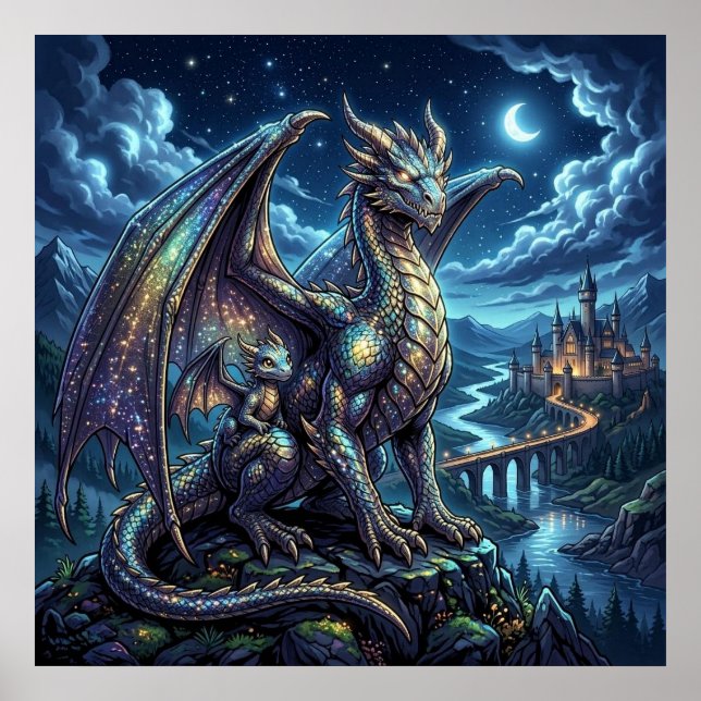Moonlit Celestial Father and Son Dragons   Poster (Front)