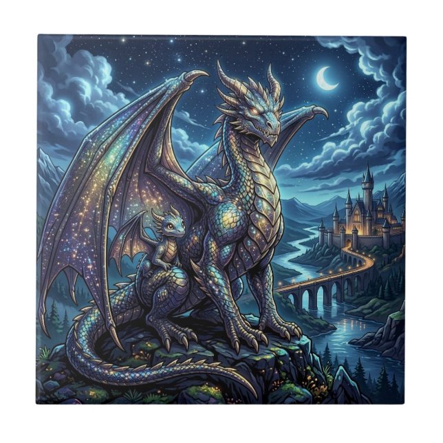 Moonlit Celestial Father and Son Dragons   Tile (Front)