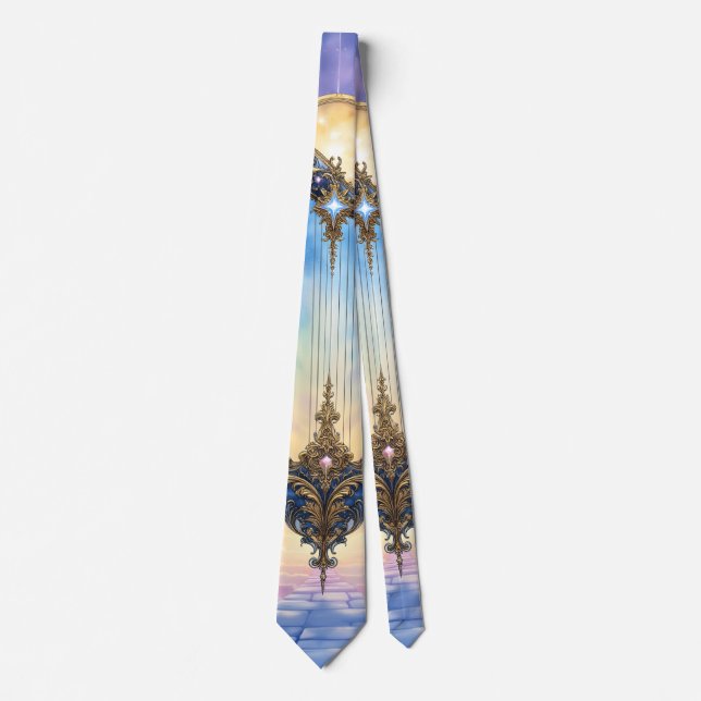 Moonlit Celestial Harp – Dreamy Cosmic Fantasy Art Tie (Front)