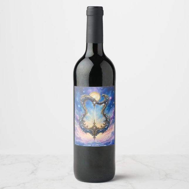 Moonlit Celestial Harp – Dreamy Cosmic Fantasy Art Wine Label (Front)