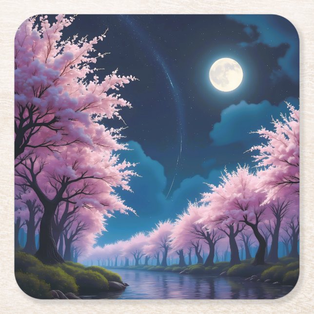 Moonlit Cherry Blossom Anime Landscape Square Paper Coaster (Front)
