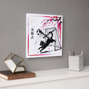 Moonlit Cherry Blossom Cat Soccer For Japanese Hom Square Wall Clock