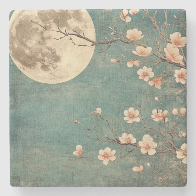 Moonlit Cherry Blossom Serenity Stone Coaster (Front)