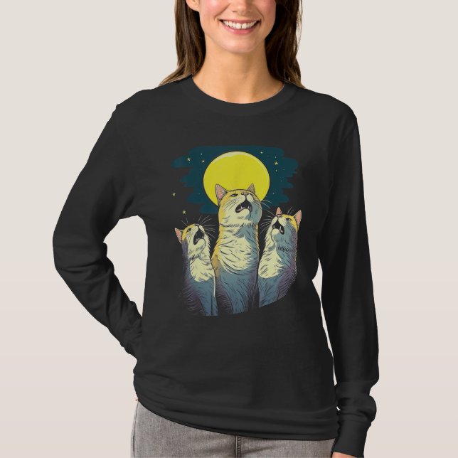 Moonlit Chorus Trio of Cats Singing Melodies T-Shirt (Front)