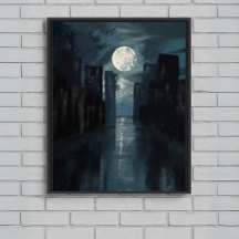 Moonlit City Night – Dark Blue Canvas Wall Art