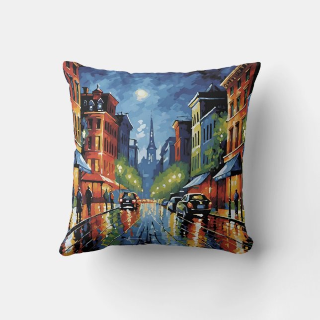 Moonlit City Street Cushion (Back)