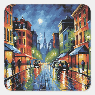 Moonlit City Street Square Sticker