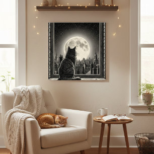 Moonlit Cityscape Cat Poster - Black & White Noir